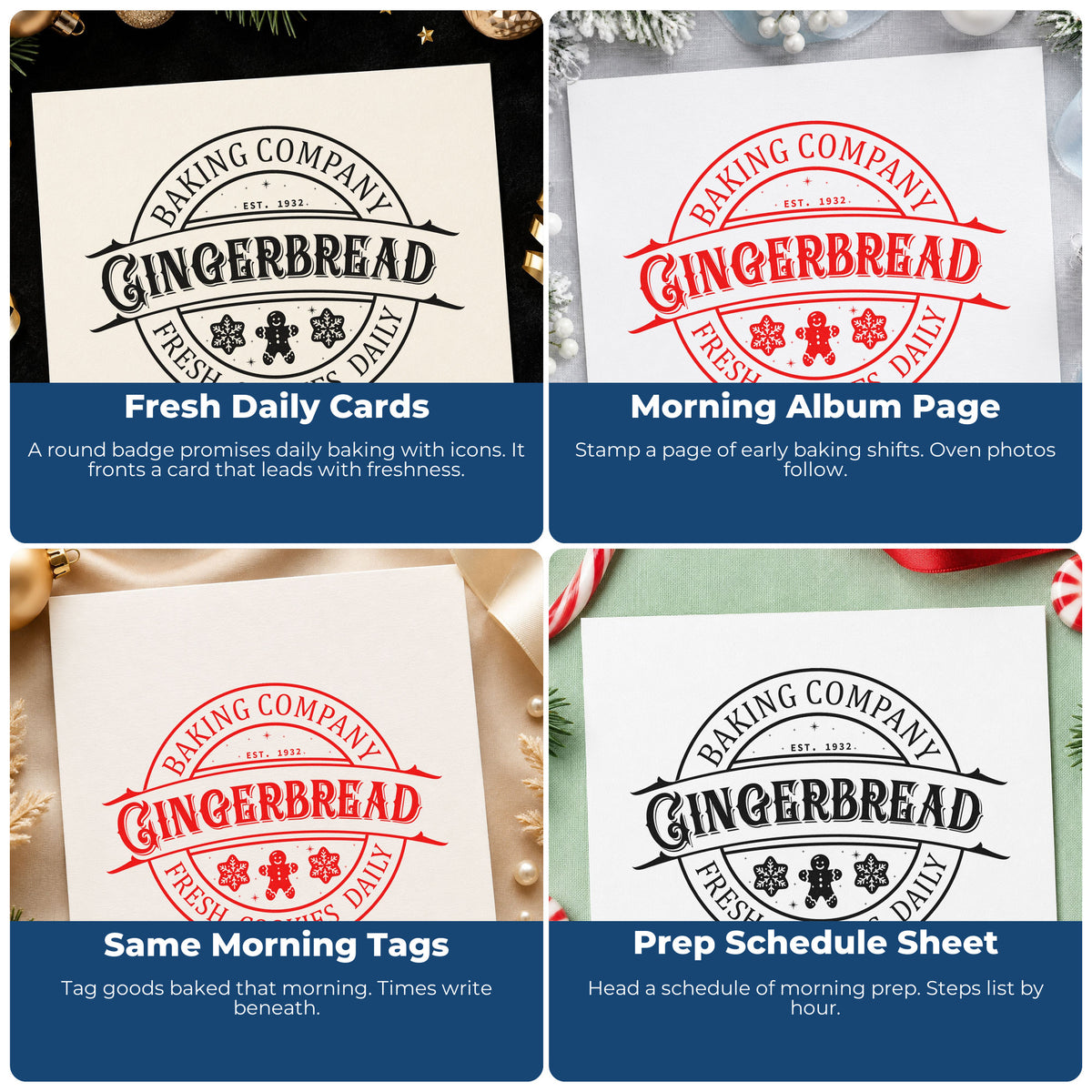 Four ways to use the Baking Company Gingerbread Fresh Cookies Daily Premium Wood-Mounted Stamp - Vintage Pro: fresh daily cards, morning album page, same morning tags and prep schedule sheet.