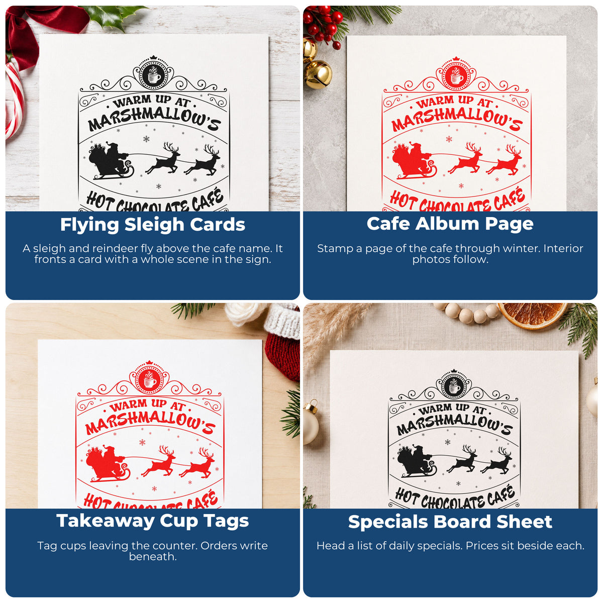 Four ways to use the Slim Pre-Inked Marshmallow Hot Chocolate Cafe Stamp: flying sleigh cards, cafe album page, takeaway cup tags and specials board sheet.