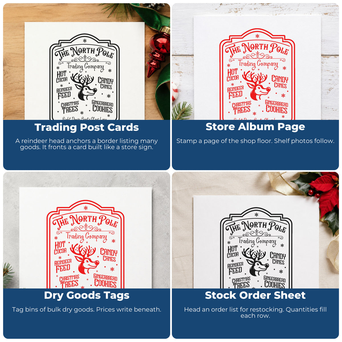 Four ways to use the North Pole Trading Company Sign Premium Wooden Stamp - Vintage Pro: trading post cards, store album page, dry goods tags and stock order sheet.