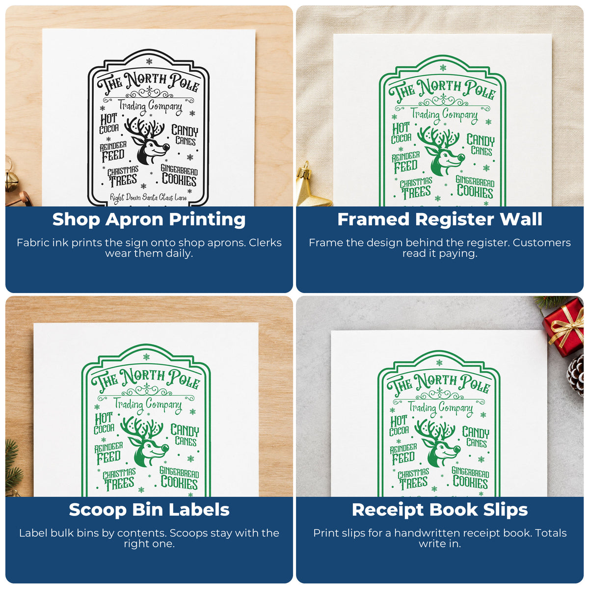 Four ways to use the North Pole Trading Company Sign Premium Wooden Stamp - Vintage Pro: shop apron printing, framed register wall, scoop bin labels and receipt book slips.