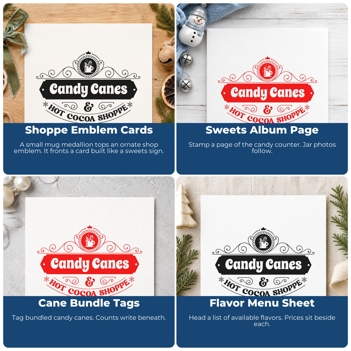 Four ways to use the Candy Canes Hot Cocoa Shoppe Rubber Stamp – Duo Hand: shoppe emblem cards, sweets album page, cane bundle tags and flavor menu sheet.