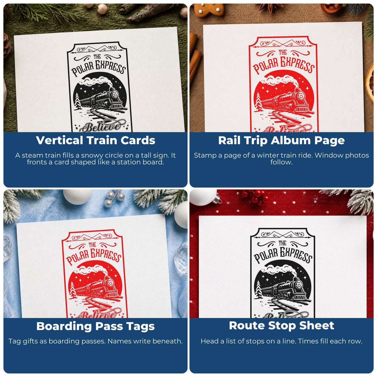 Four ways to use the Polar Express Believe Train Premium Wood-Mounted Stamp - Vintage Pro: vertical train cards, rail trip album page, boarding pass tags and route stop sheet.