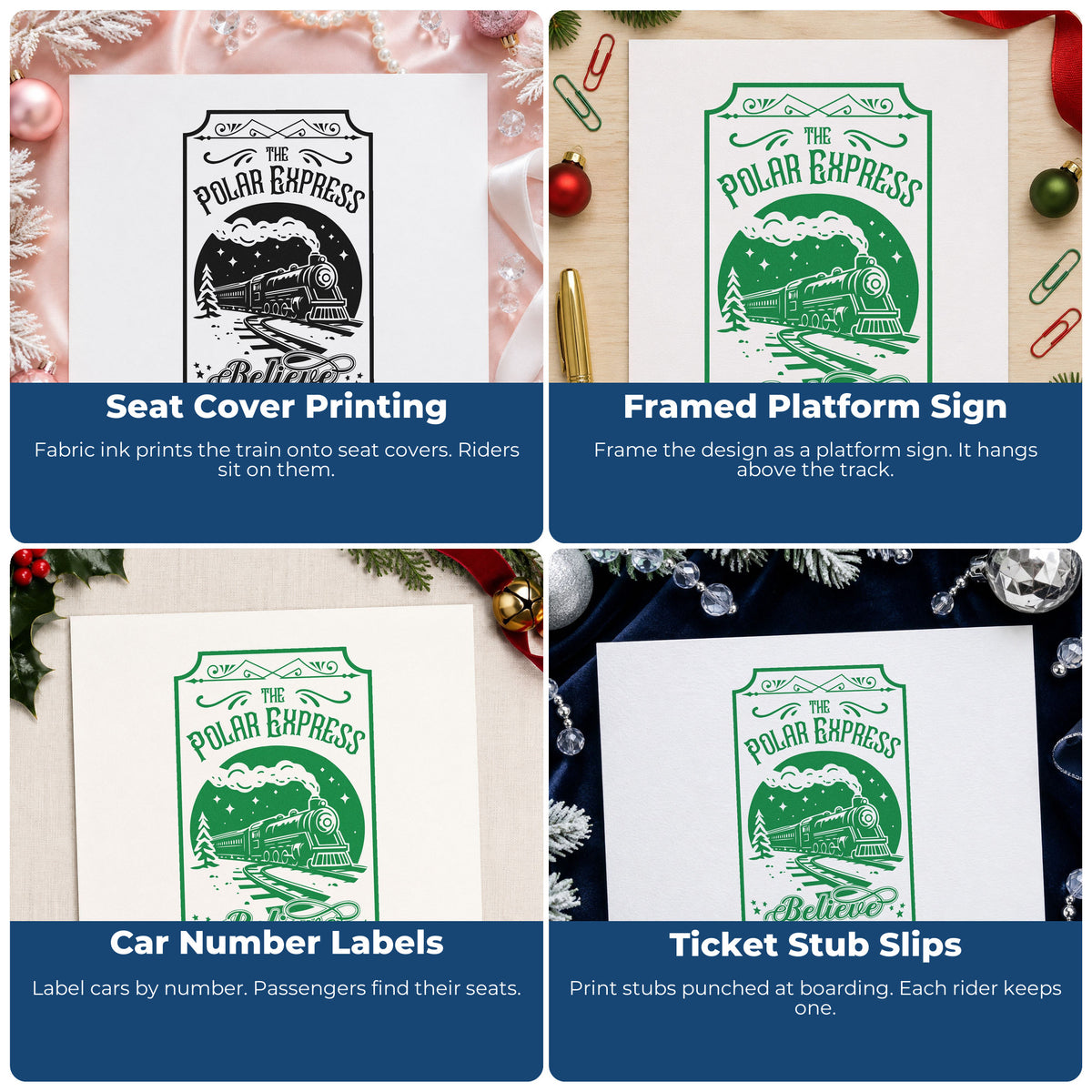 Four ways to use the Polar Express Believe Train Duo Hand Stamp: seat cover printing, framed platform sign, car number labels and ticket stub slips.
