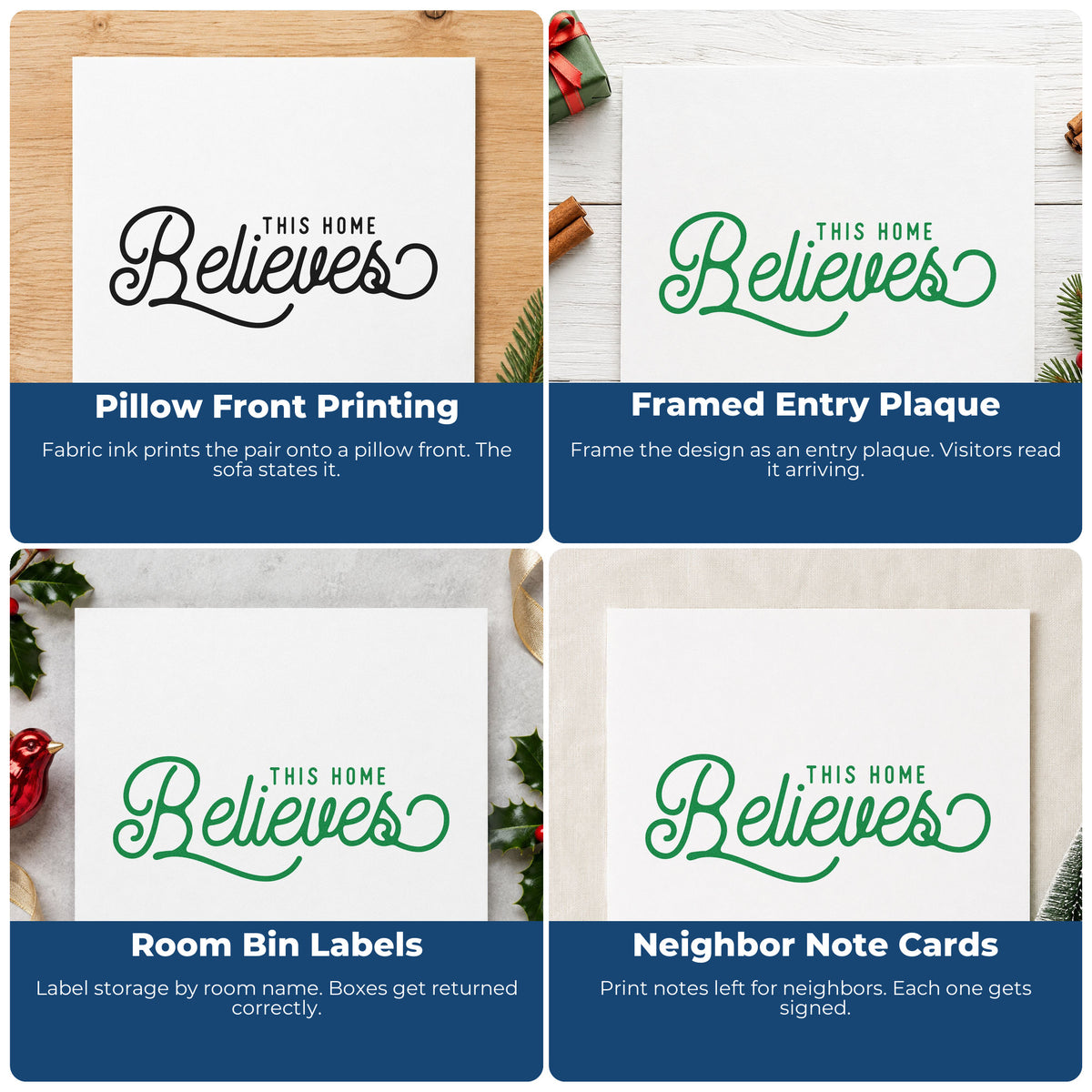 Four ways to use the This Home Believes Stamp - Premium Vintage Pro Wooden: pillow front printing, framed entry plaque, room bin labels and neighbor note cards.