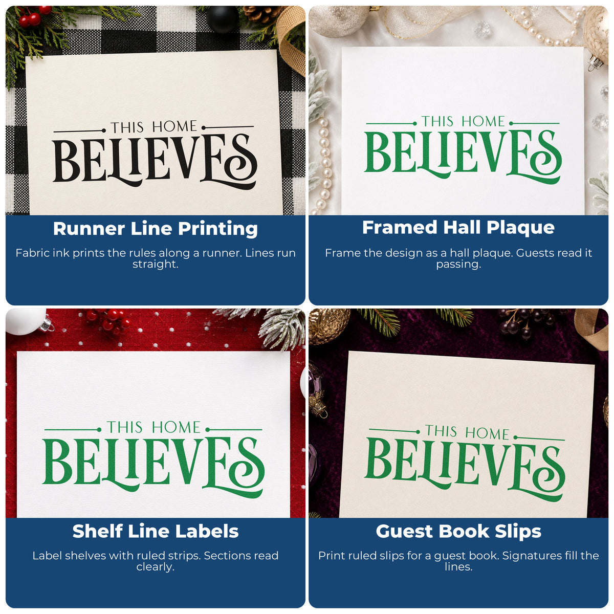 Four ways to use the Slim Pre-Inked This Home Believes Serif Lettering Stamp: runner line printing, framed hall plaque, shelf line labels and guest book slips.