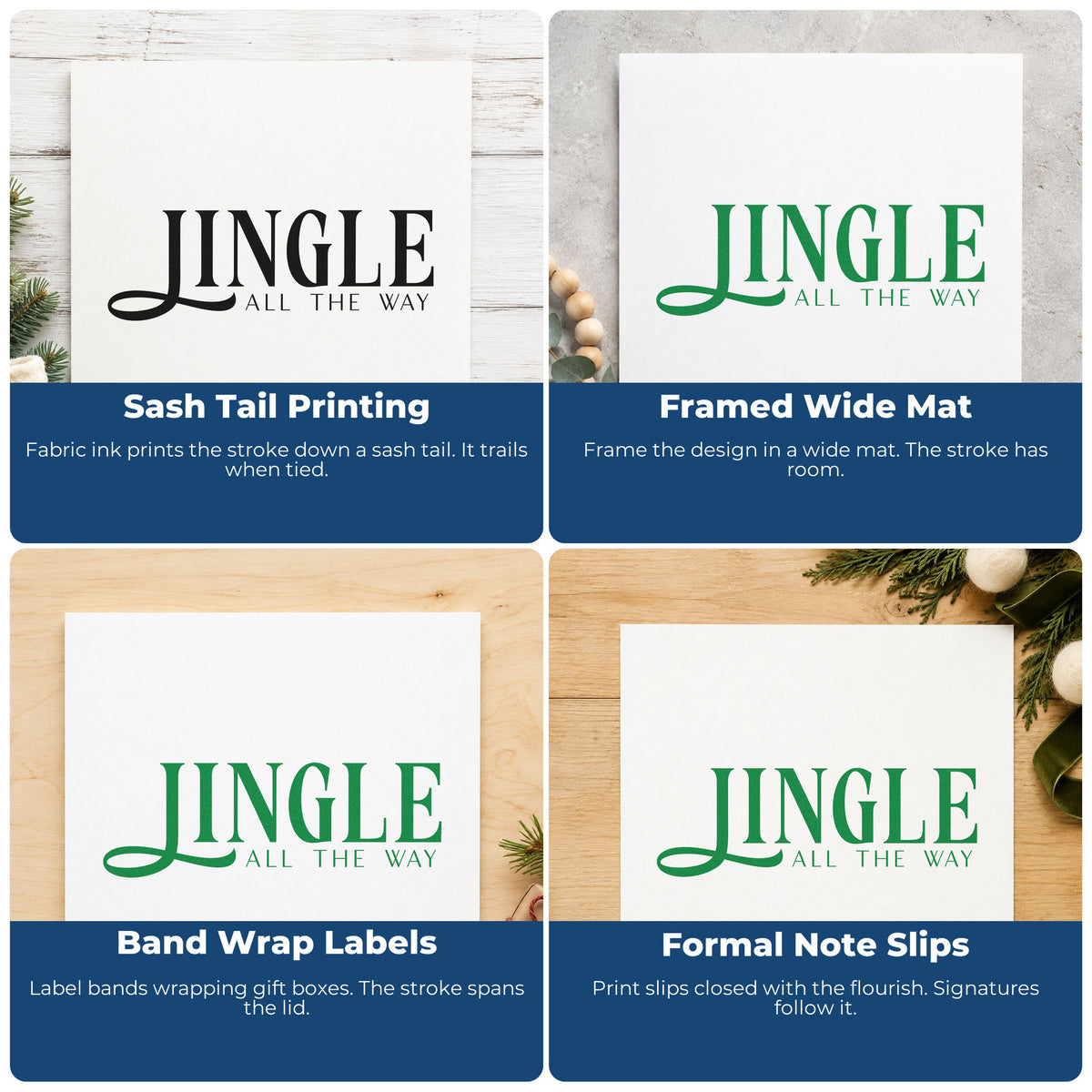 Four ways to use the Jingle All The Way Serif Lettering Compact Pre-Inked Stamp – Slim: sash tail printing, framed wide mat, band wrap labels and formal note slips.