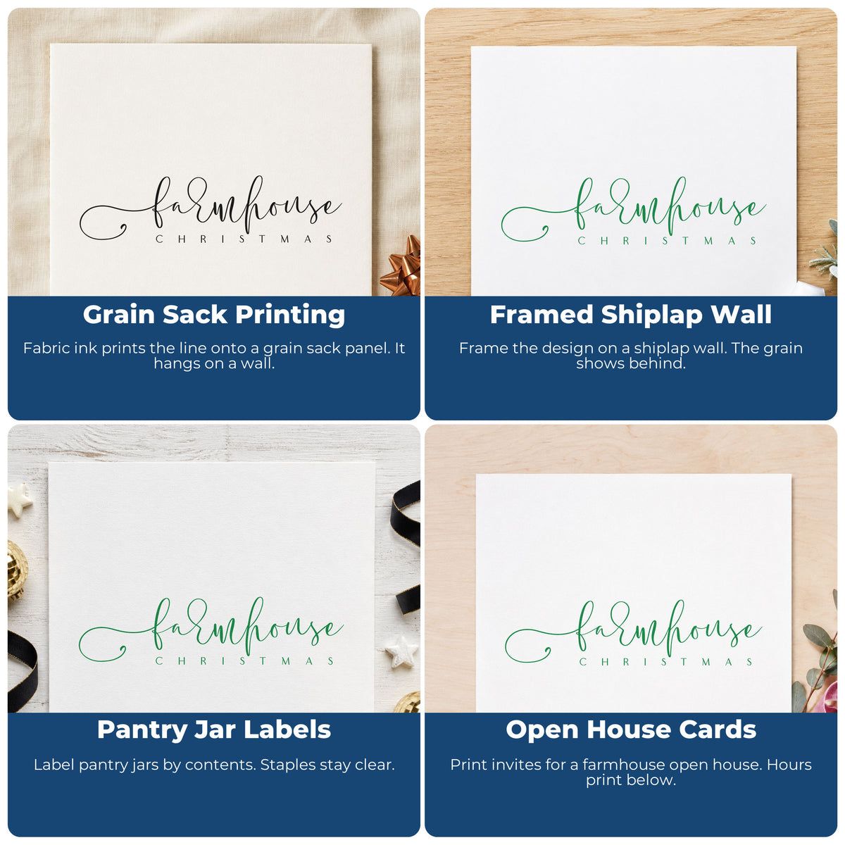 Four ways to use the Farmhouse Christmas Fine Script Stamp – Self-Inking: grain sack printing, framed shiplap wall, pantry jar labels and open house cards.