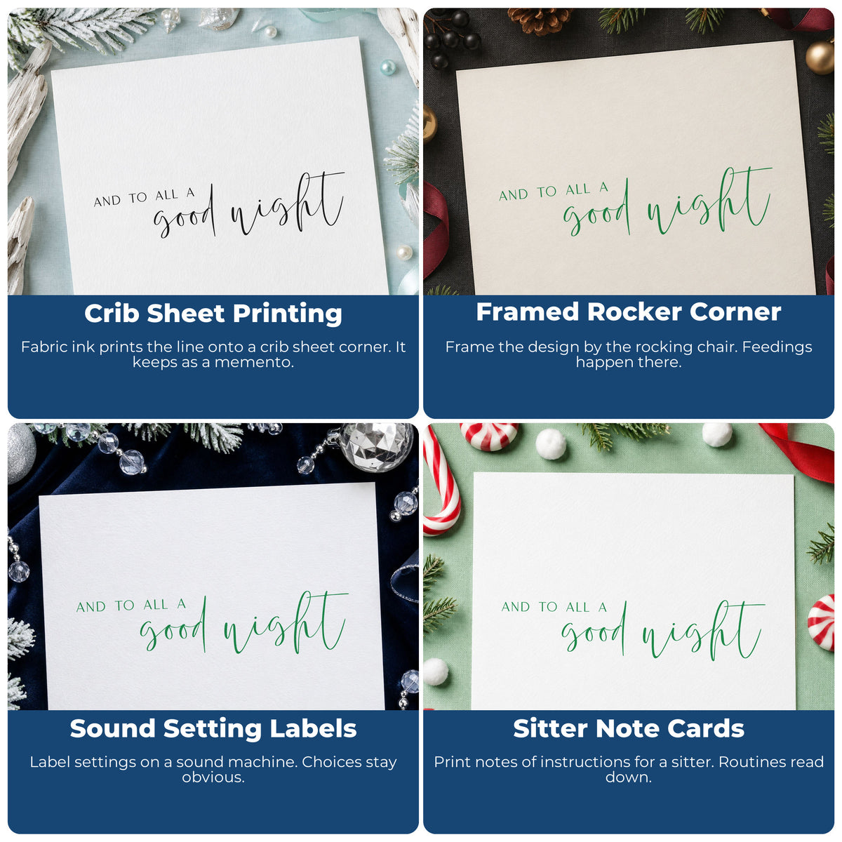 Four ways to use the And To All Good Night Stamp – Duo Hand: crib sheet printing, framed rocker corner, sound setting labels and sitter note cards.