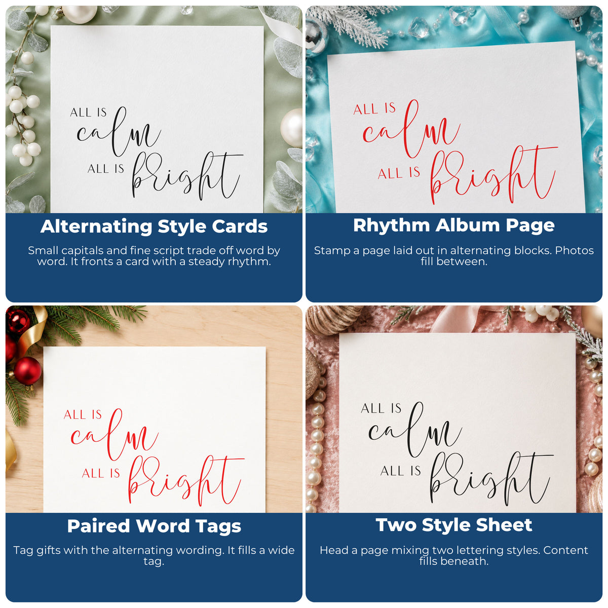 Four ways to use the All Calm All Bright Lettering Hand Stamp – Duo: alternating style cards, rhythm album page, paired word tags and two style sheet.
