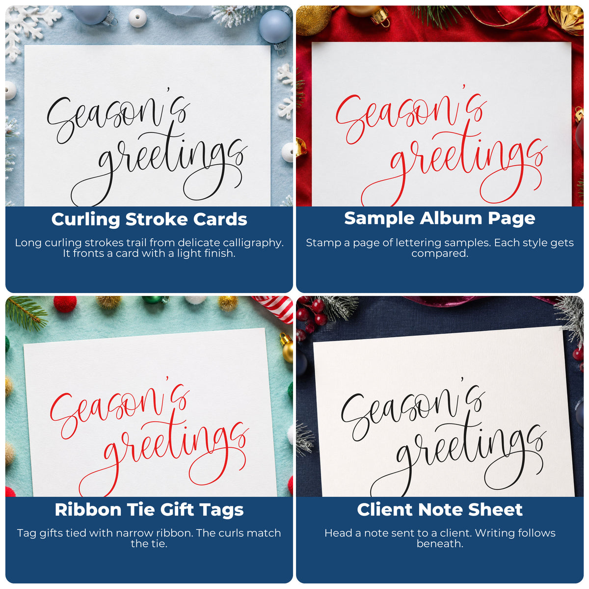 Four ways to use the Season's Greetings Fine Calligraphy Lettering Self-Inking Stamp: curling stroke cards, sample album page, ribbon tie gift tags and client note sheet.