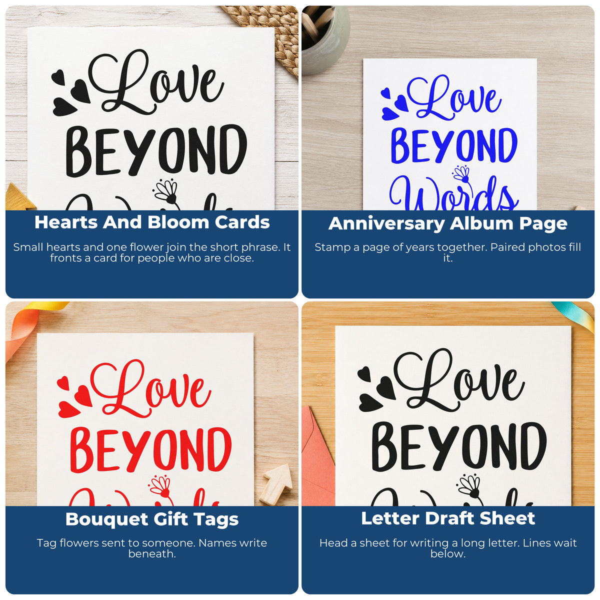 Four ways to use the Love Beyond Words Slim Pre-Inked Stamp: hearts and bloom cards, anniversary album page, bouquet gift tags and letter draft sheet.