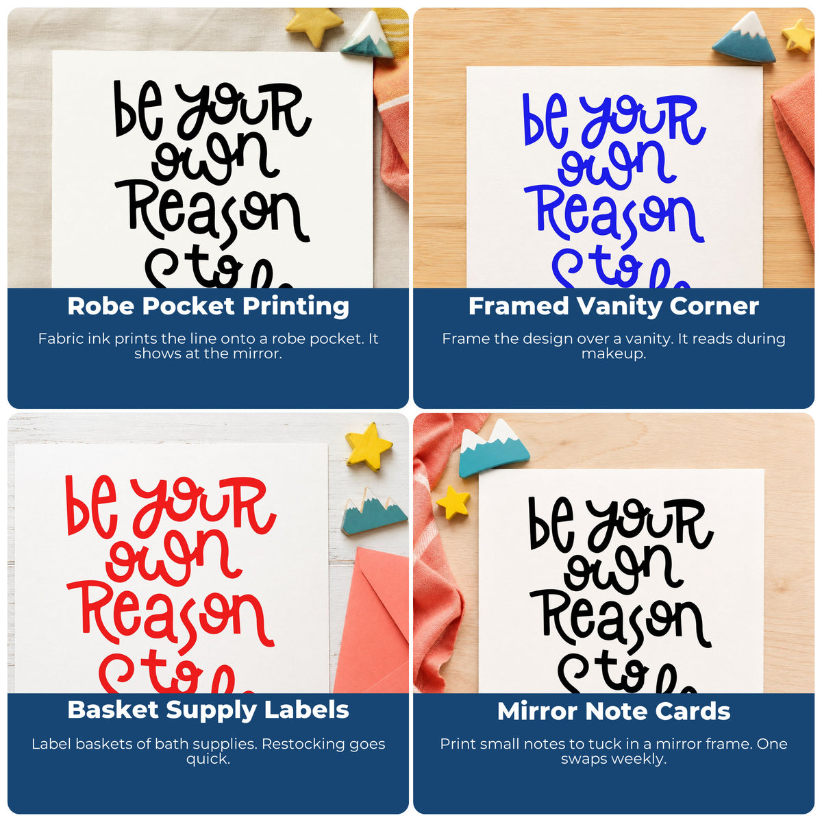 Four ways to use the Be Your Own Reason To Smile Premium Wooden Stamp - Vintage Pro: robe pocket printing, framed vanity corner, basket supply labels and mirror note cards.