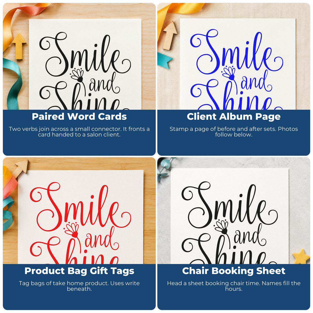 Four ways to use the Smile And Shine Flower Hand Stamp – Duo: paired word cards, client album page, product bag gift tags and chair booking sheet.
