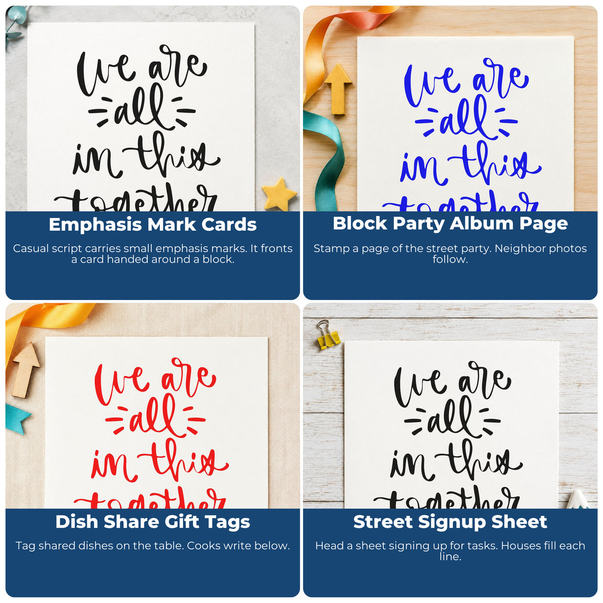 Four ways to use the We Are All In Together Pre-Inked Stamp – PSI: emphasis mark cards, block party album page, dish share gift tags and street signup sheet.