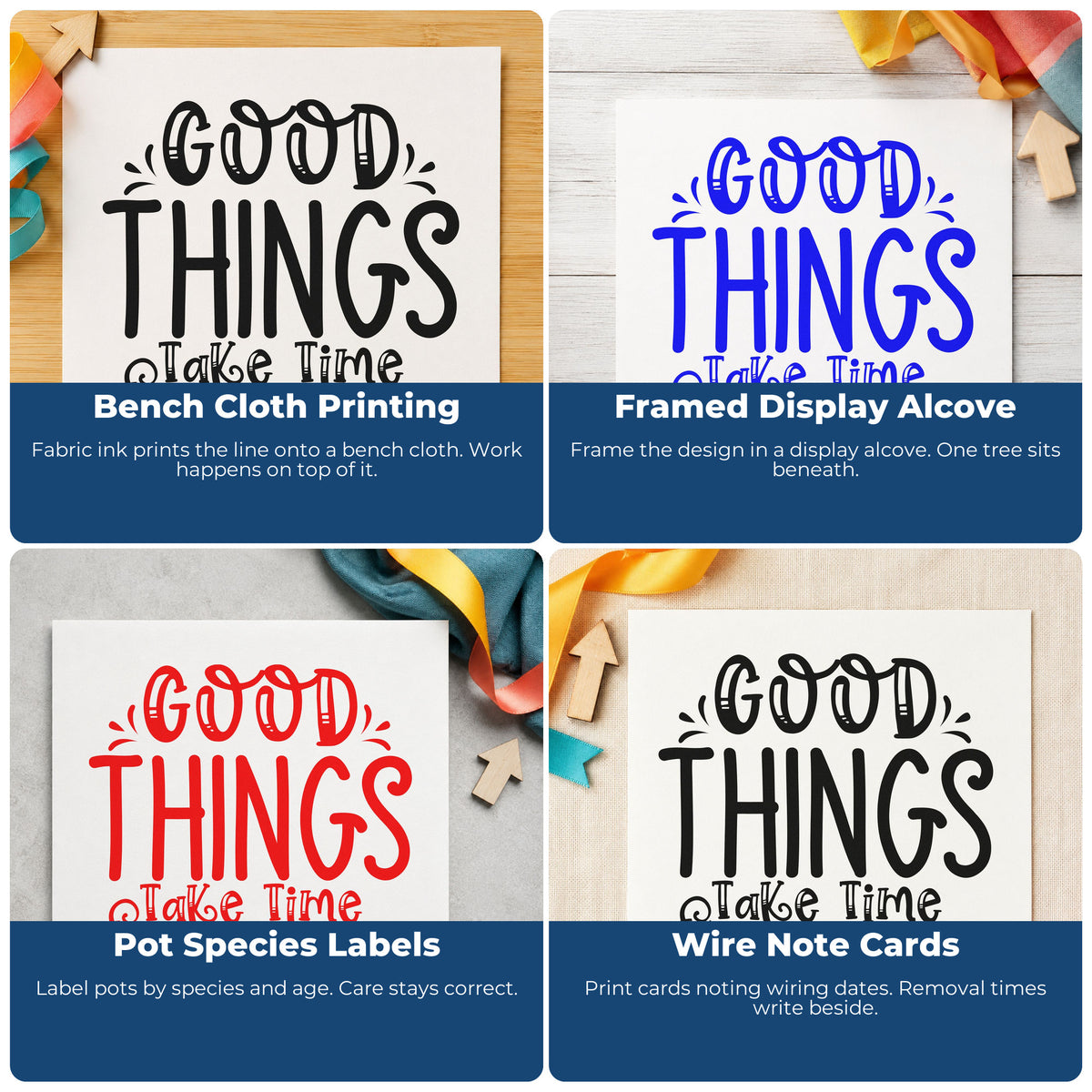 Four ways to use the Good Things Take Time Lettering Flourish Stamp - Premium Vintage Pro Wooden: bench cloth printing, framed display alcove, pot species labels and wire note cards.