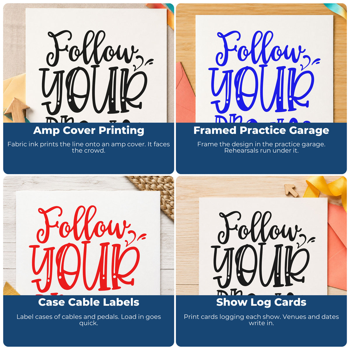 Four ways to use the Vintage Pro Follow Your Dreams Lettering Premium Wooden Stamp: amp cover printing, framed practice garage, case cable labels and show log cards.