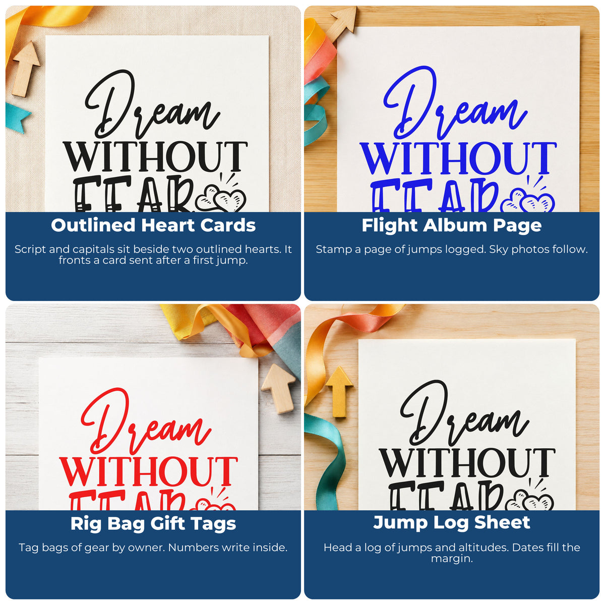 Four ways to use the Dream Without Fear Hearts Duo Hand Stamp: outlined heart cards, flight album page, rig bag gift tags and jump log sheet.