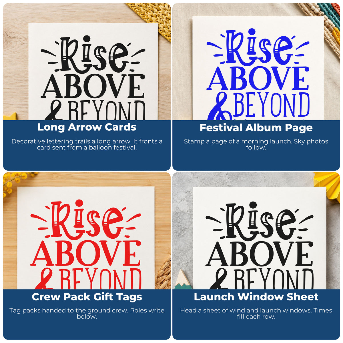 Four ways to use the Rise Above & Beyond Arrow Self-Inking Craft Stamp: long arrow cards, festival album page, crew pack gift tags and launch window sheet.