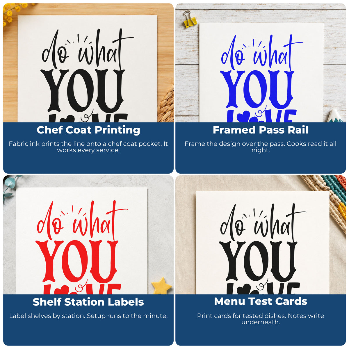 Four ways to use the Premium Wooden Do What You Love Heart Accents Stamp - Vintage Pro: chef coat printing, framed pass rail, shelf station labels and menu test cards.