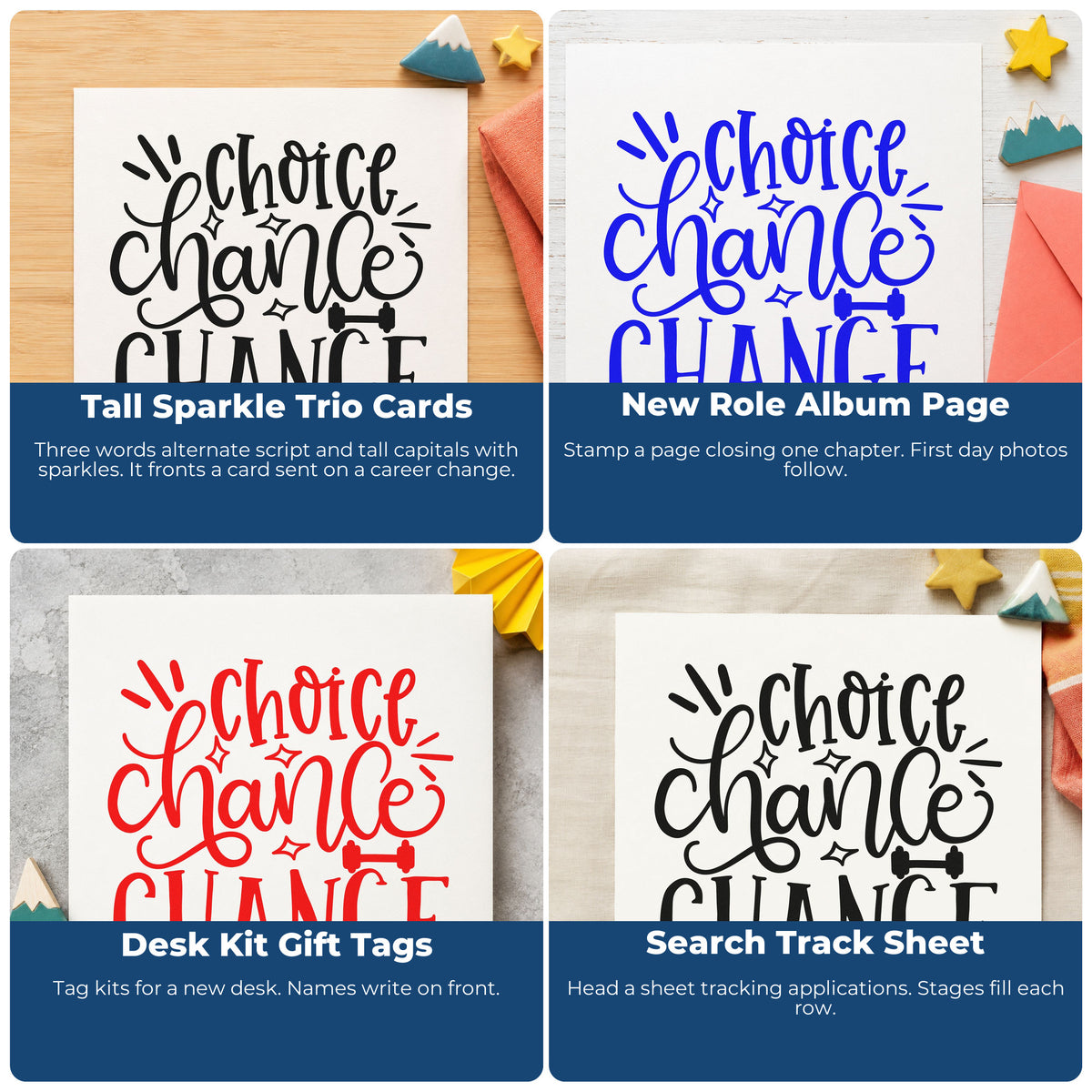 Four ways to use the Choice Chance Change PSI Pre-Inked Stamp: tall sparkle trio cards, new role album page, desk kit gift tags and search track sheet.