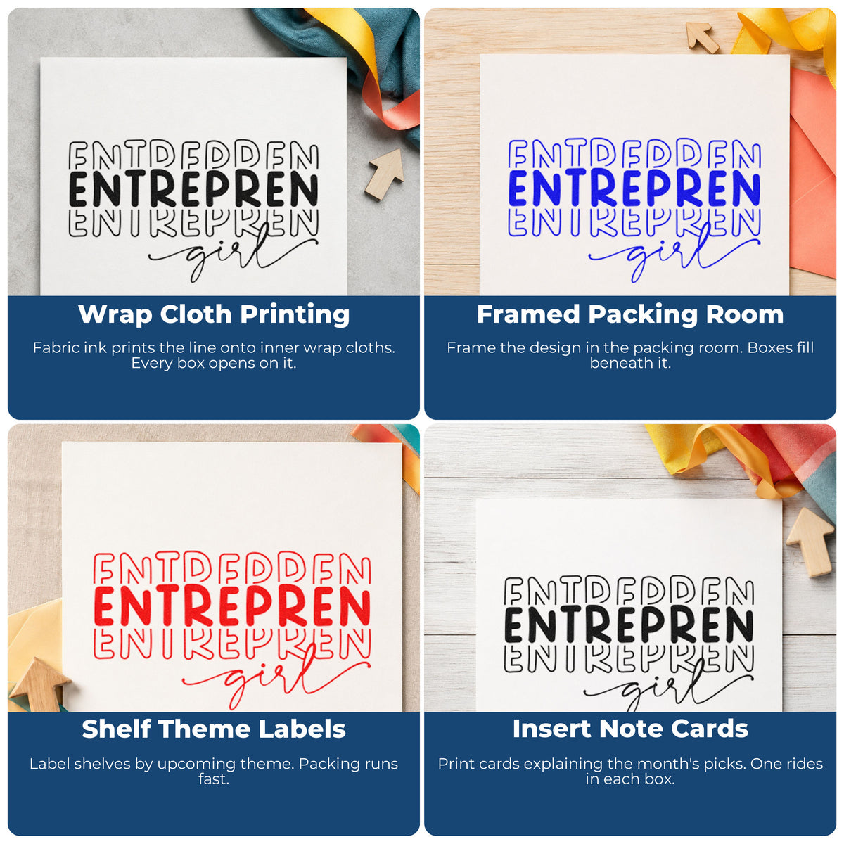 Four ways to use the Outlined Capitals And Girl Script Stamp – PSI Pre-Inked: wrap cloth printing, framed packing room, shelf theme labels and insert note cards.