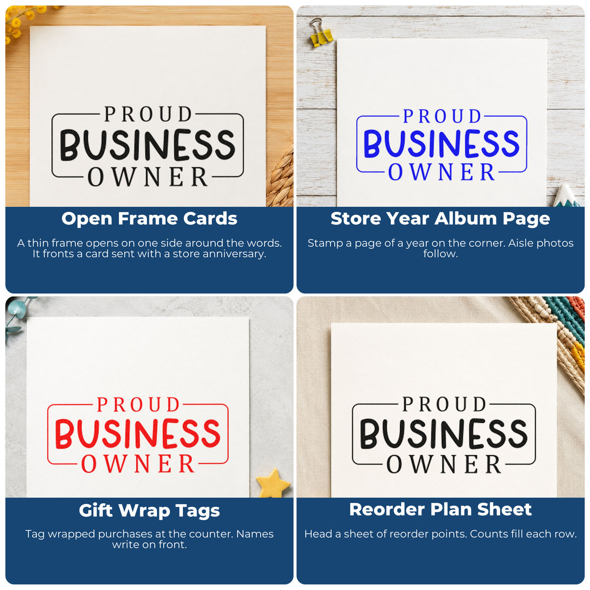 Four ways to use the Proud Business Owner Compact Pre-Inked Stamp – Slim: open frame cards, store year album page, gift wrap tags and reorder plan sheet.