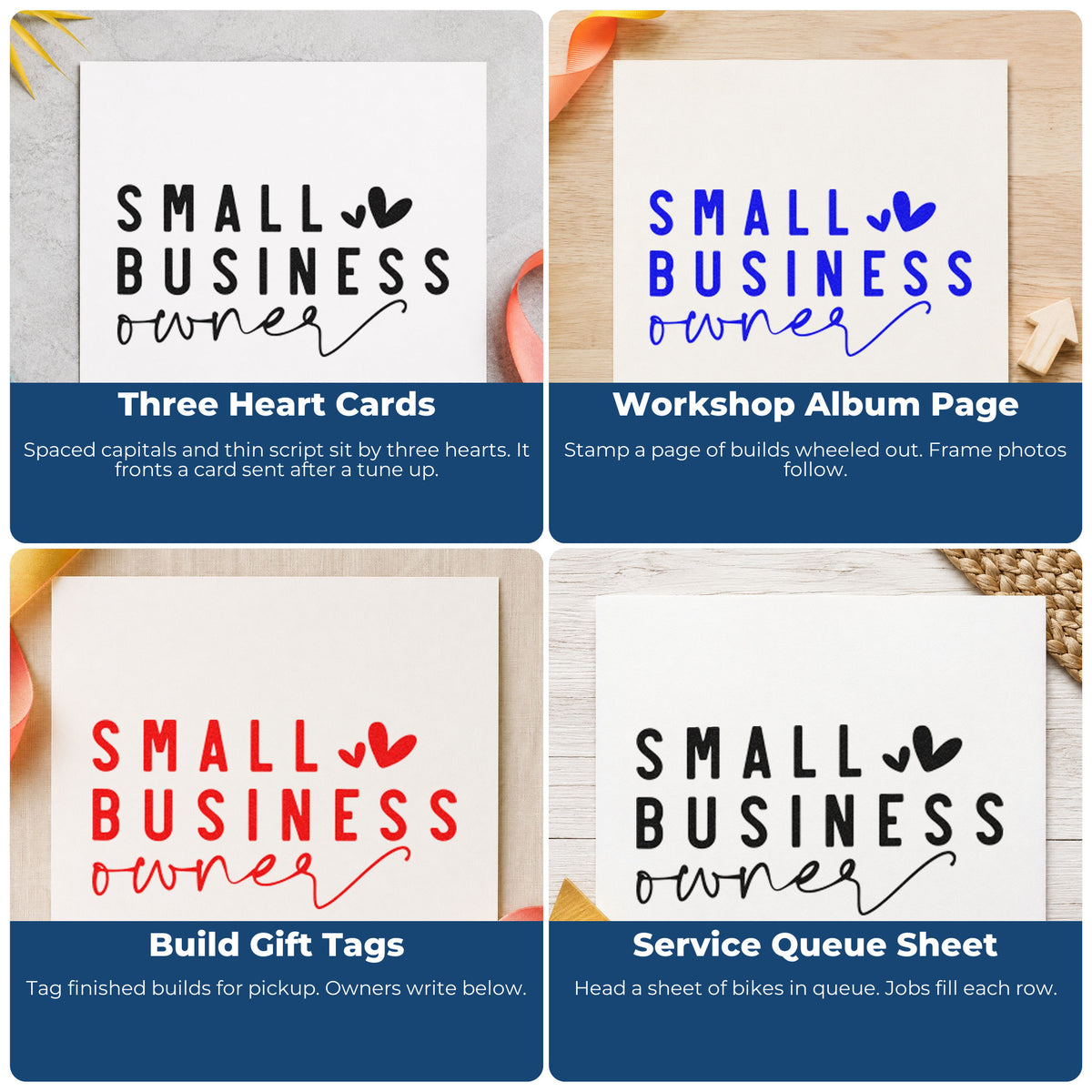 Four ways to use the Small Business Owner Hearts Wood-Mounted Rubber Stamp: three heart cards, workshop album page, build gift tags and service queue sheet.