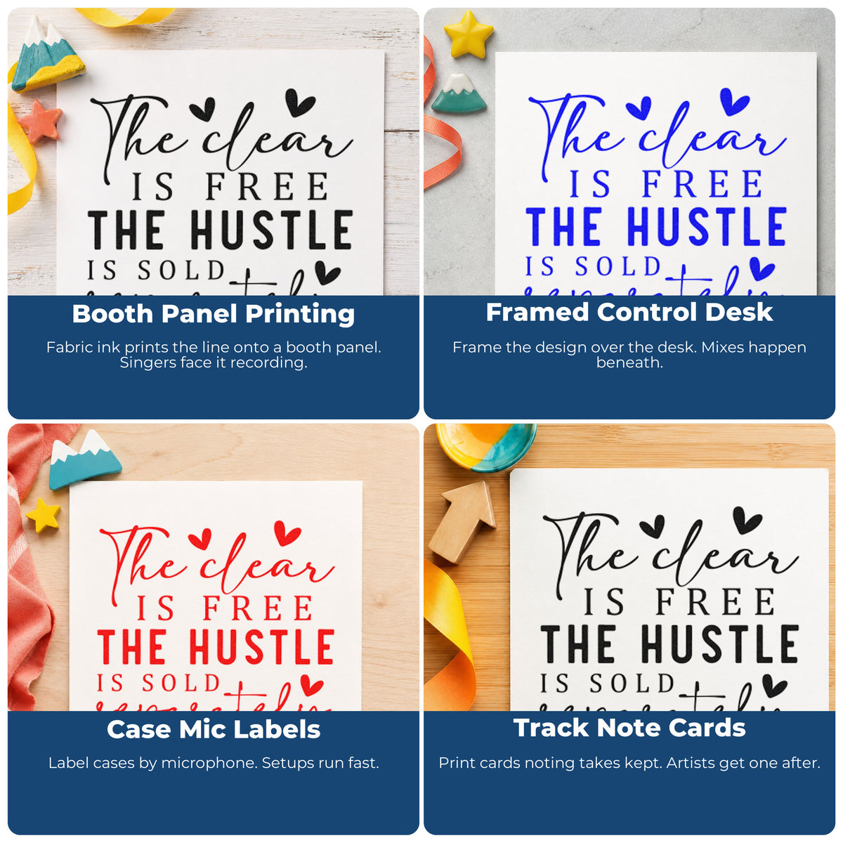 Four ways to use the Hustle Sold Separately Heart Quote Rubber Stamp – Wood Handle: booth panel printing, framed control desk, case mic labels and track note cards.
