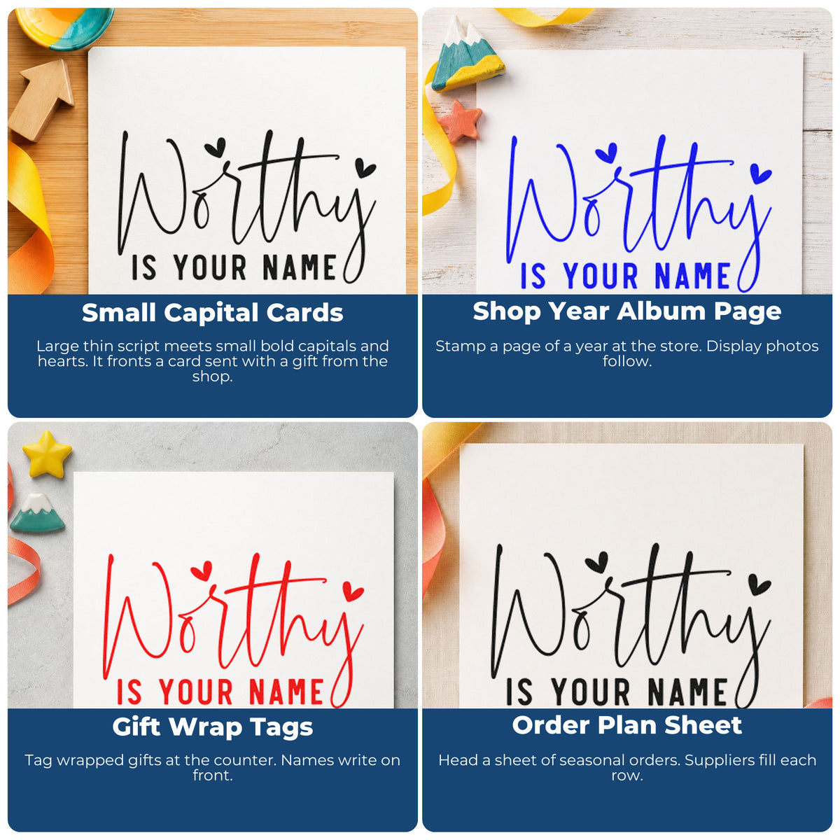 Four ways to use the Worthy Is Your Name With Hearts Rubber Stamp – Duo Hand: small capital cards, shop year album page, gift wrap tags and order plan sheet.