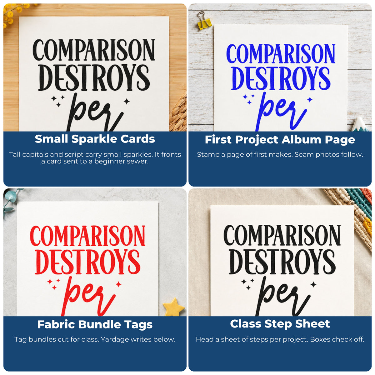 Four ways to use the Comparison Quote With Sparkles Pre-Inked Stamp – Slim: small sparkle cards, first project album page, fabric bundle tags and class step sheet.