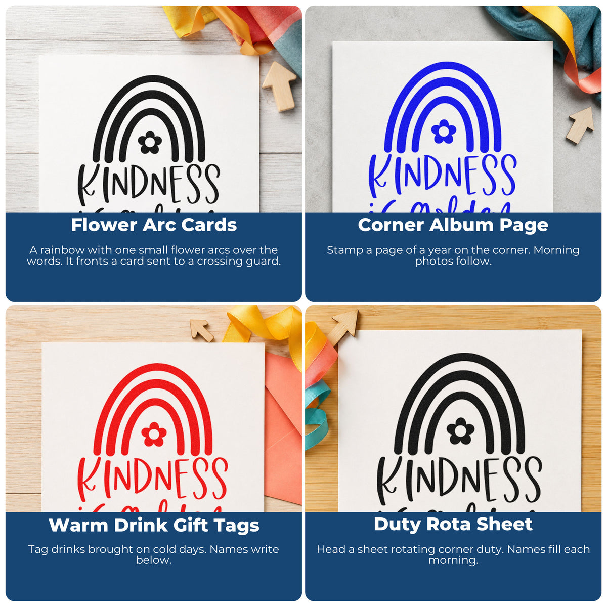 Four ways to use the Pre-Inked Kindness Is Golden Rainbow Stamp – PSI: flower arc cards, corner album page, warm drink gift tags and duty rota sheet.