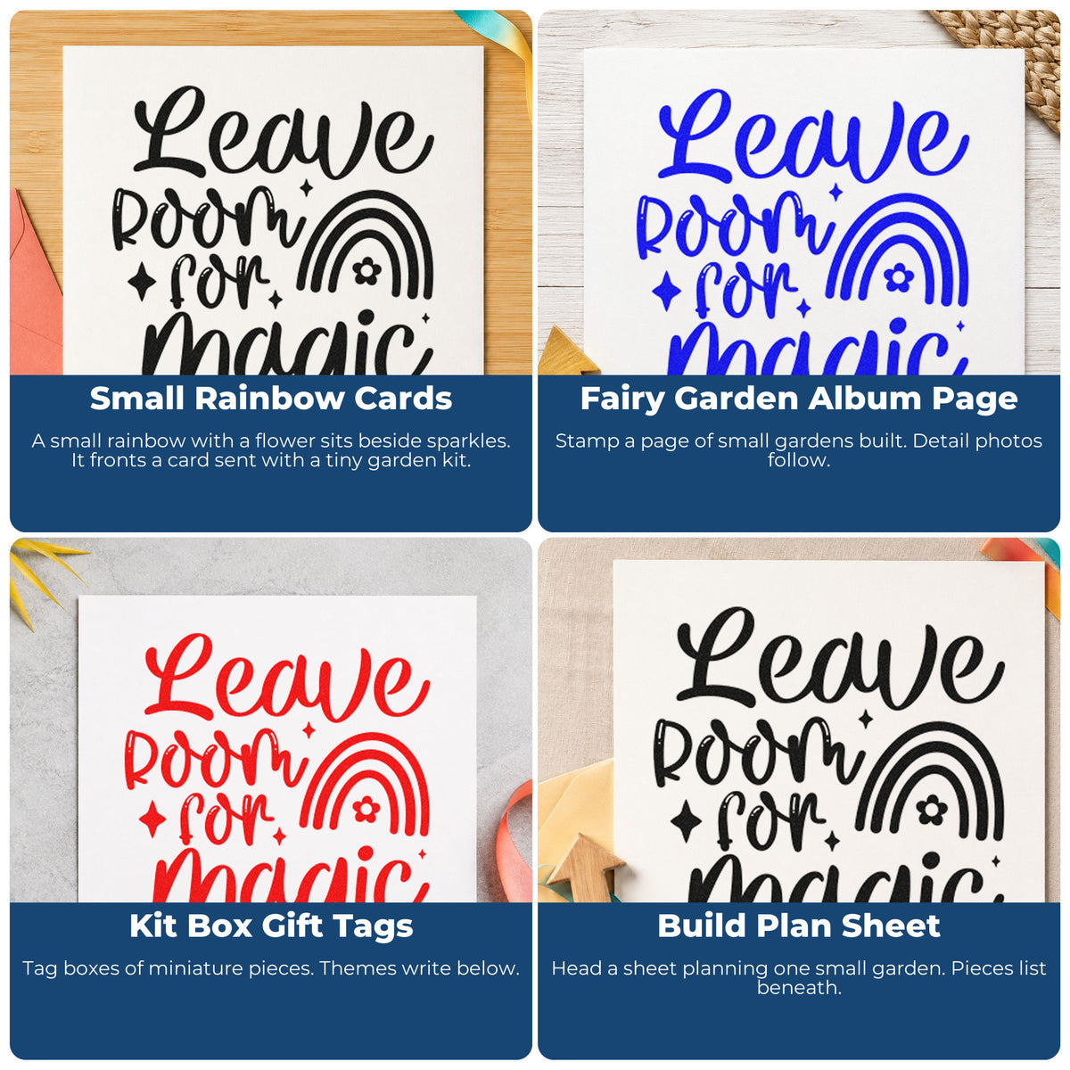 Four ways to use the Leave Room For Magic Rainbow Floral Accents Stamp – Wood Handle: small rainbow cards, fairy garden album page, kit box gift tags and build plan sheet.
