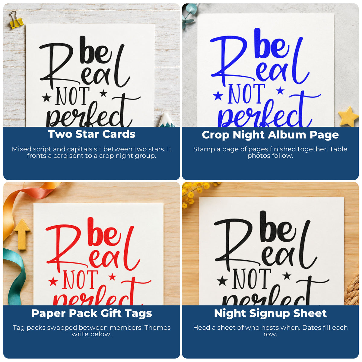 Four ways to use the Be Real Not Perfect Star Accents Rubber Stamp – Wood Handle: two star cards, crop night album page, paper pack gift tags and night signup sheet.