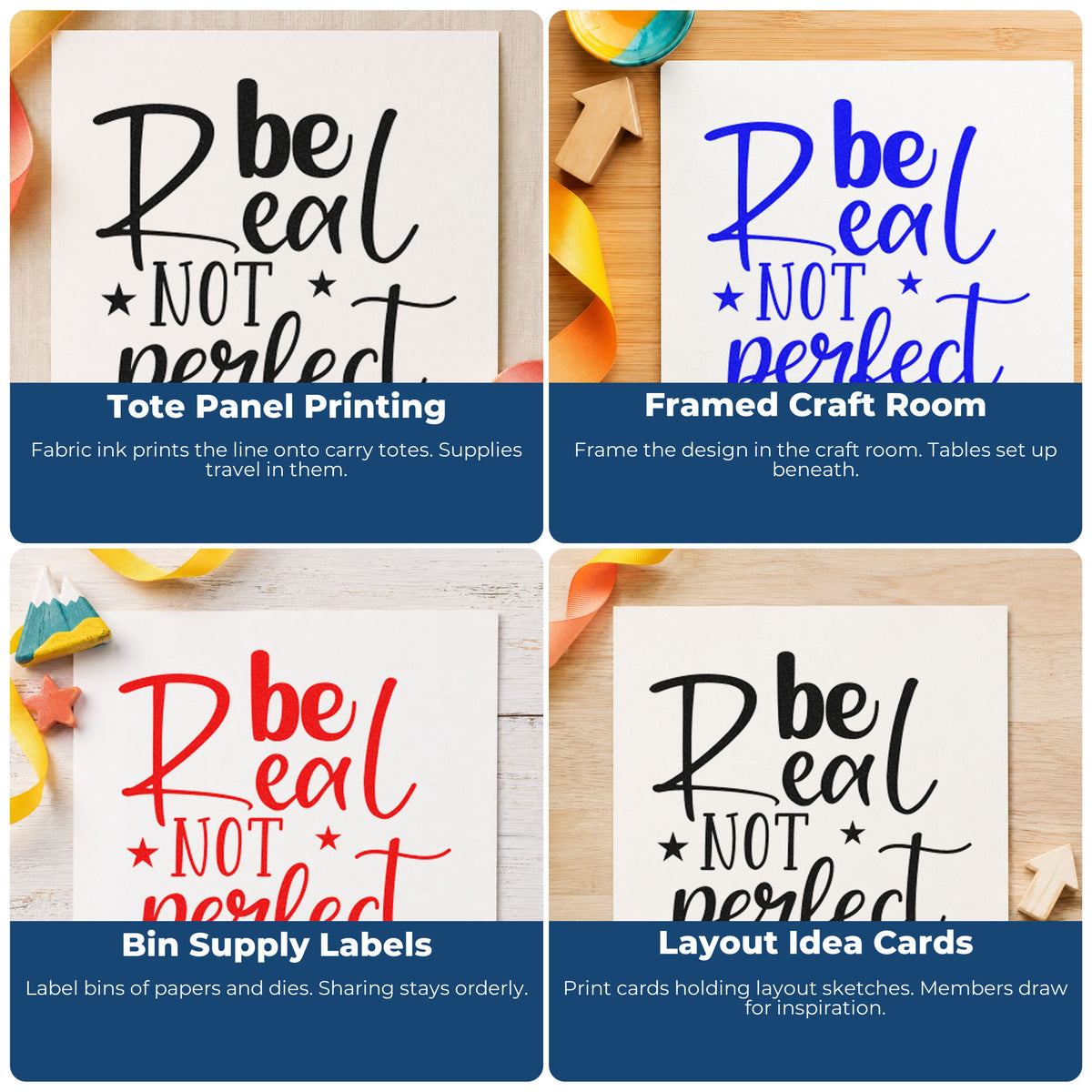 Four ways to use the Be Real Not Perfect Star Accents Premium Wooden Stamp - Vintage Pro: tote panel printing, framed craft room, bin supply labels and layout idea cards.