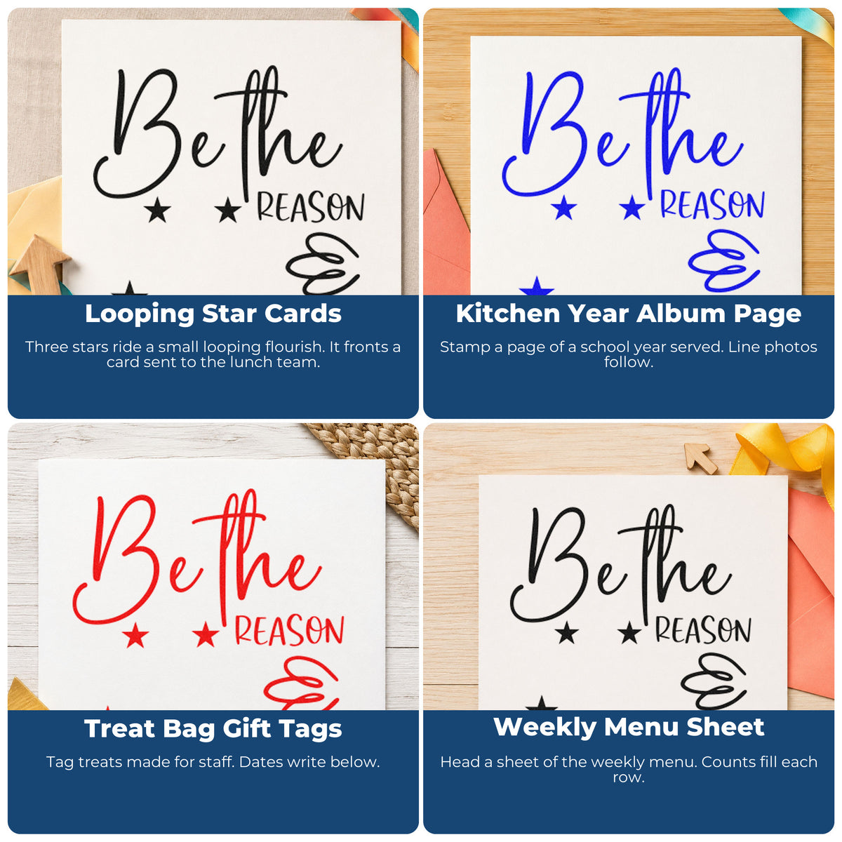 Four ways to use the Be The Reason Today With Stars Stamp - Premium Vintage Pro Wooden: looping star cards, kitchen year album page, treat bag gift tags and weekly menu sheet.