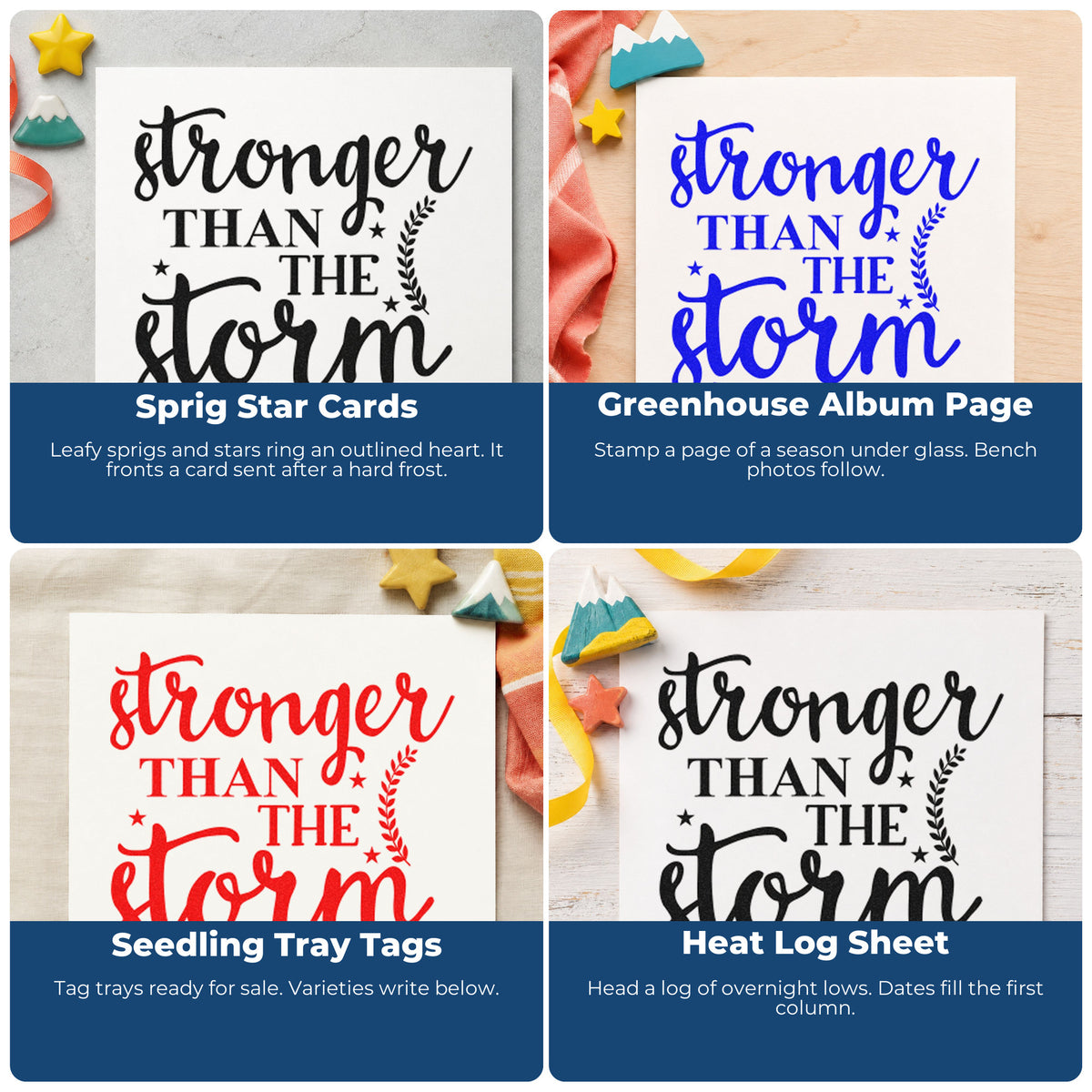 Four ways to use the Premium Wooden Stronger Than The Storm Botanical Sprig Stamp - Vintage Pro: sprig star cards, greenhouse album page, seedling tray tags and heat log sheet.