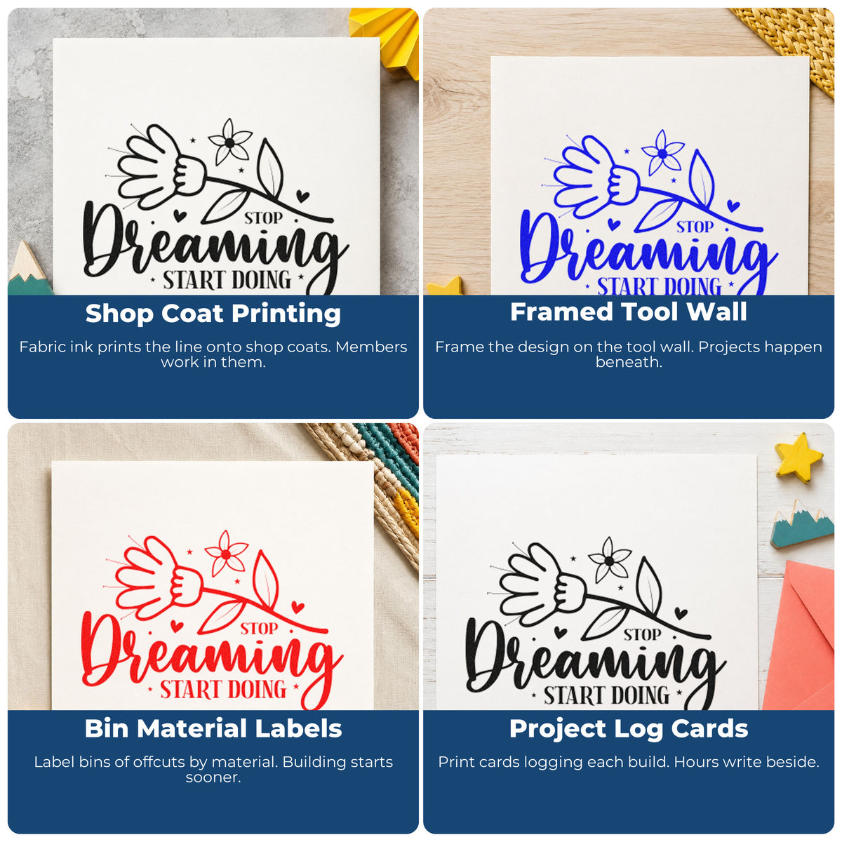 Four ways to use the PSI Pre-Inked Stop Dreaming Start Doing Flowers Stamp: shop coat printing, framed tool wall, bin material labels and project log cards.