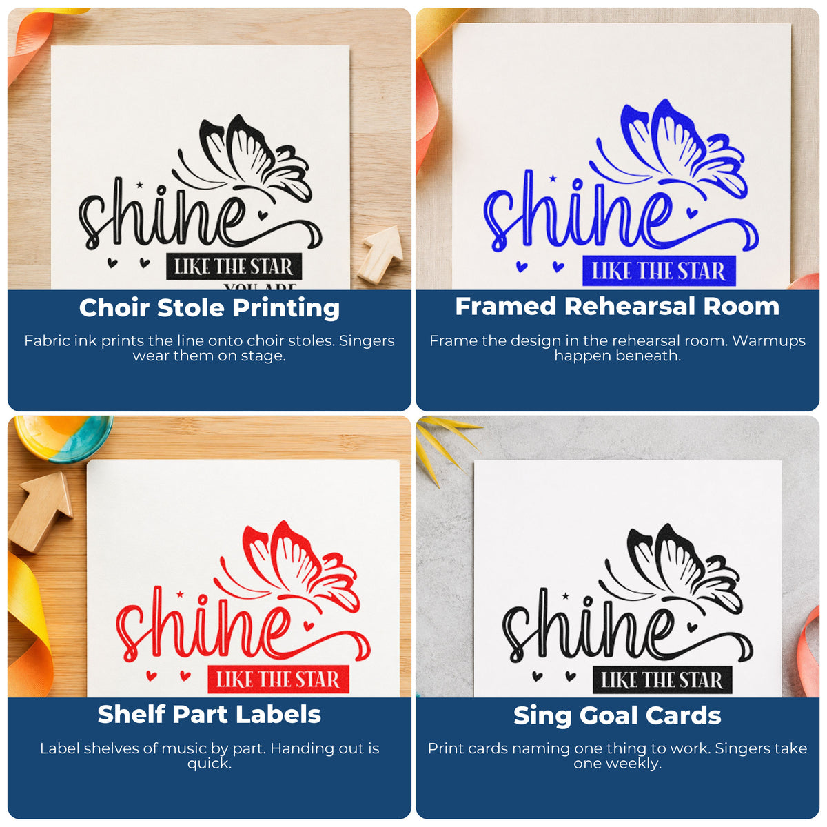 Four ways to use the Shine Like Star Butterfly Pre-Inked Stamp – Slim: choir stole printing, framed rehearsal room, shelf part labels and sing goal cards.
