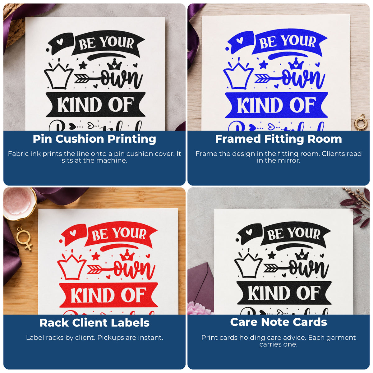 Four ways to use the Your Own Kind Of Beautiful Pre-Inked Stamp – PSI: pin cushion printing, framed fitting room, rack client labels and care note cards.
