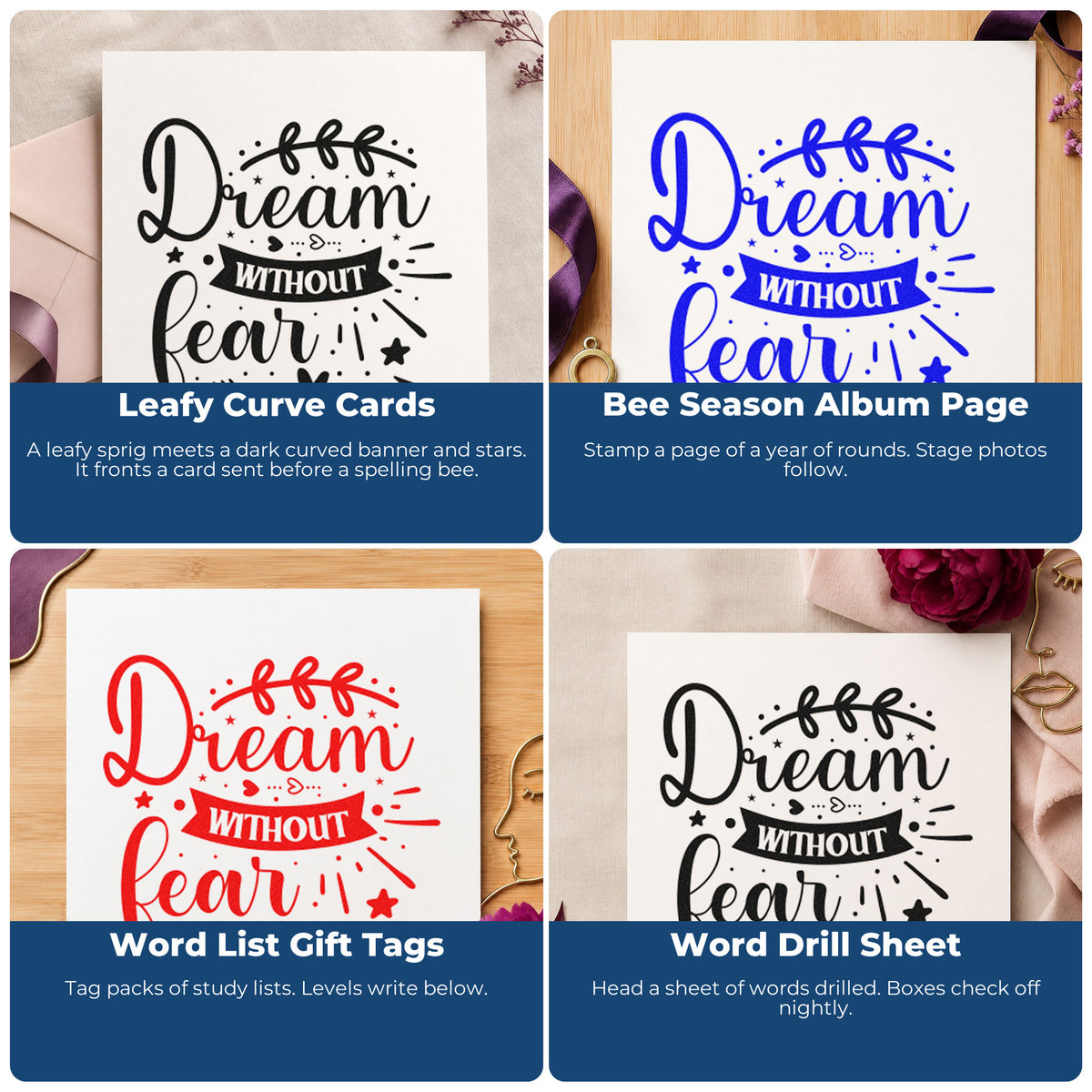 Four ways to use the Vintage Pro Dream Without Fear Leaf Arrow Premium Wooden Stamp: leafy curve cards, bee season album page, word list gift tags and word drill sheet.