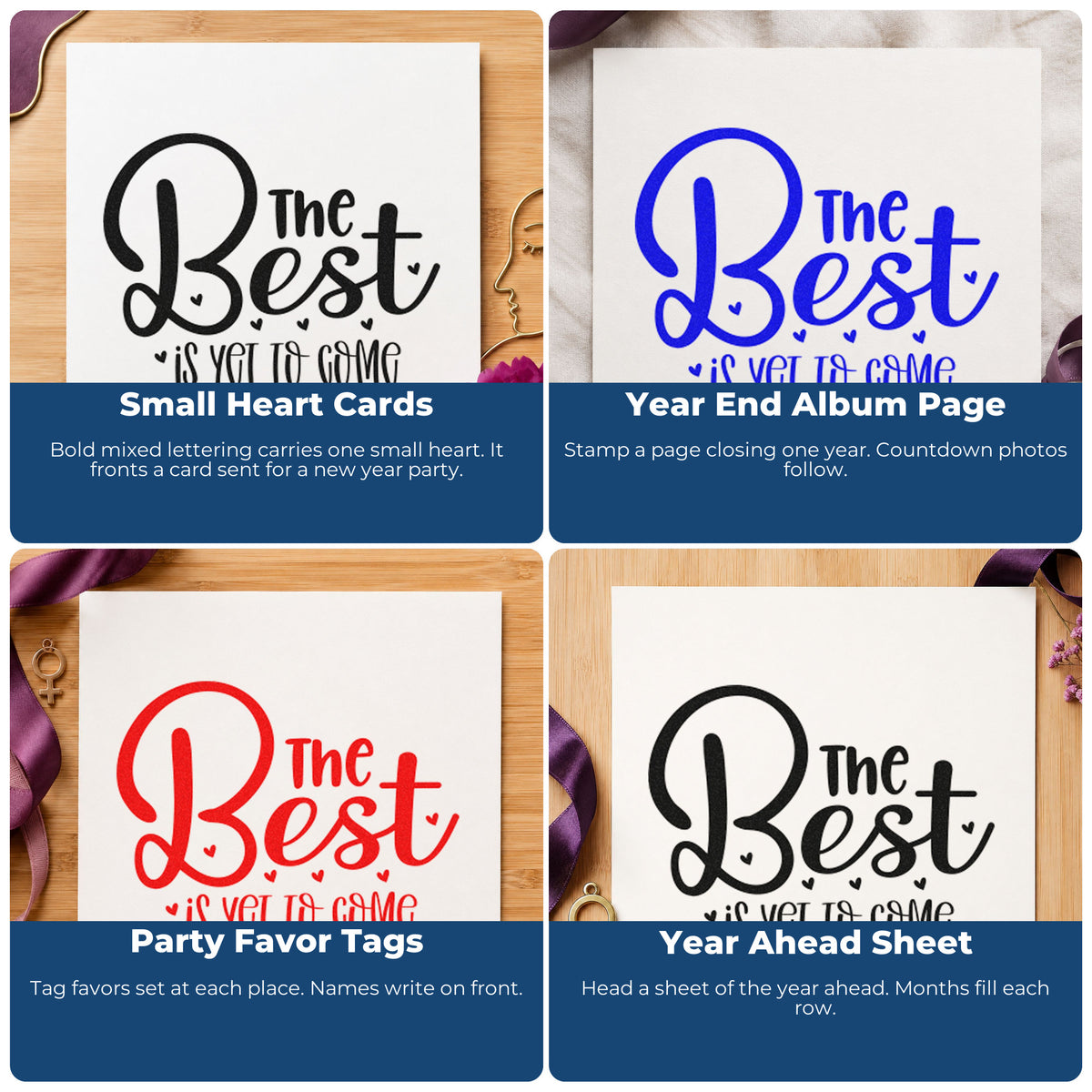 Four ways to use the The Best Is Yet To Come Heart Accents Premium Wood-Mounted Stamp - Vintage Pro: small heart cards, year end album page, party favor tags and year ahead sheet.