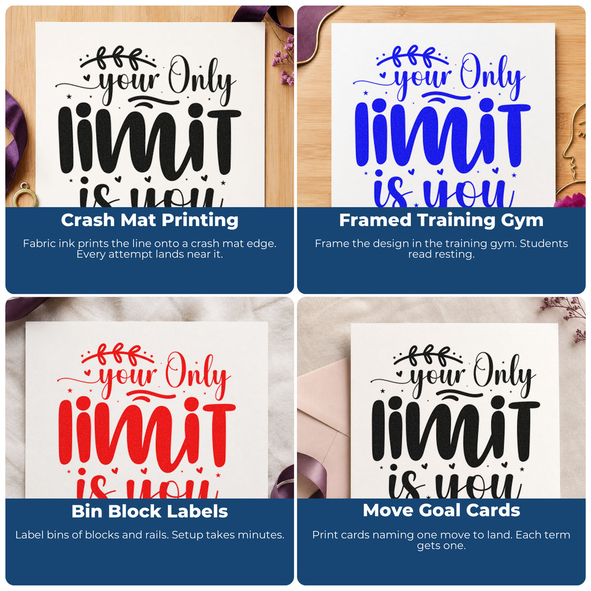 Four ways to use the Self-Inking Your Only Limit Is You Botanical Sprig Stamp: crash mat printing, framed training gym, bin block labels and move goal cards.