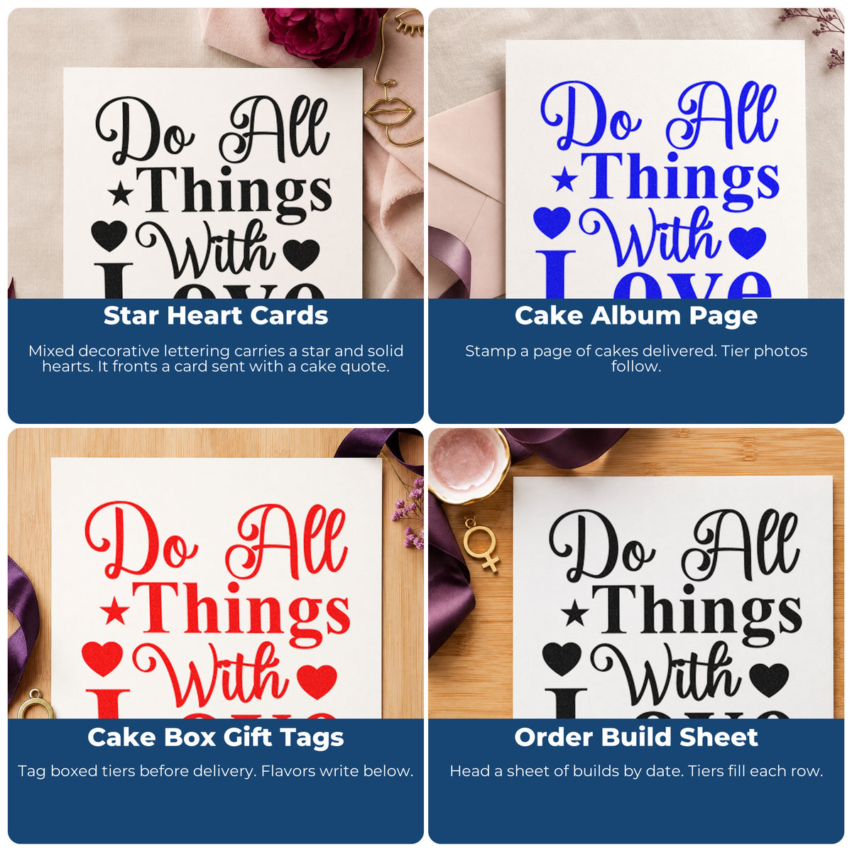 Four ways to use the Do All Things With Love With Stars Slim Pre-Inked Stamp: star heart cards, cake album page, cake box gift tags and order build sheet.