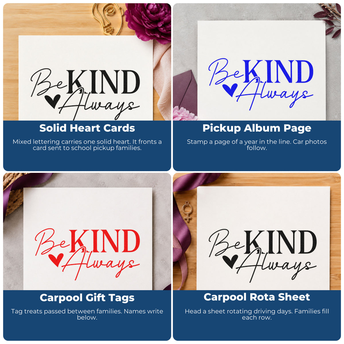Four ways to use the Self-Inking Be Kind Always Stamp: solid heart cards, pickup album page, carpool gift tags and carpool rota sheet.