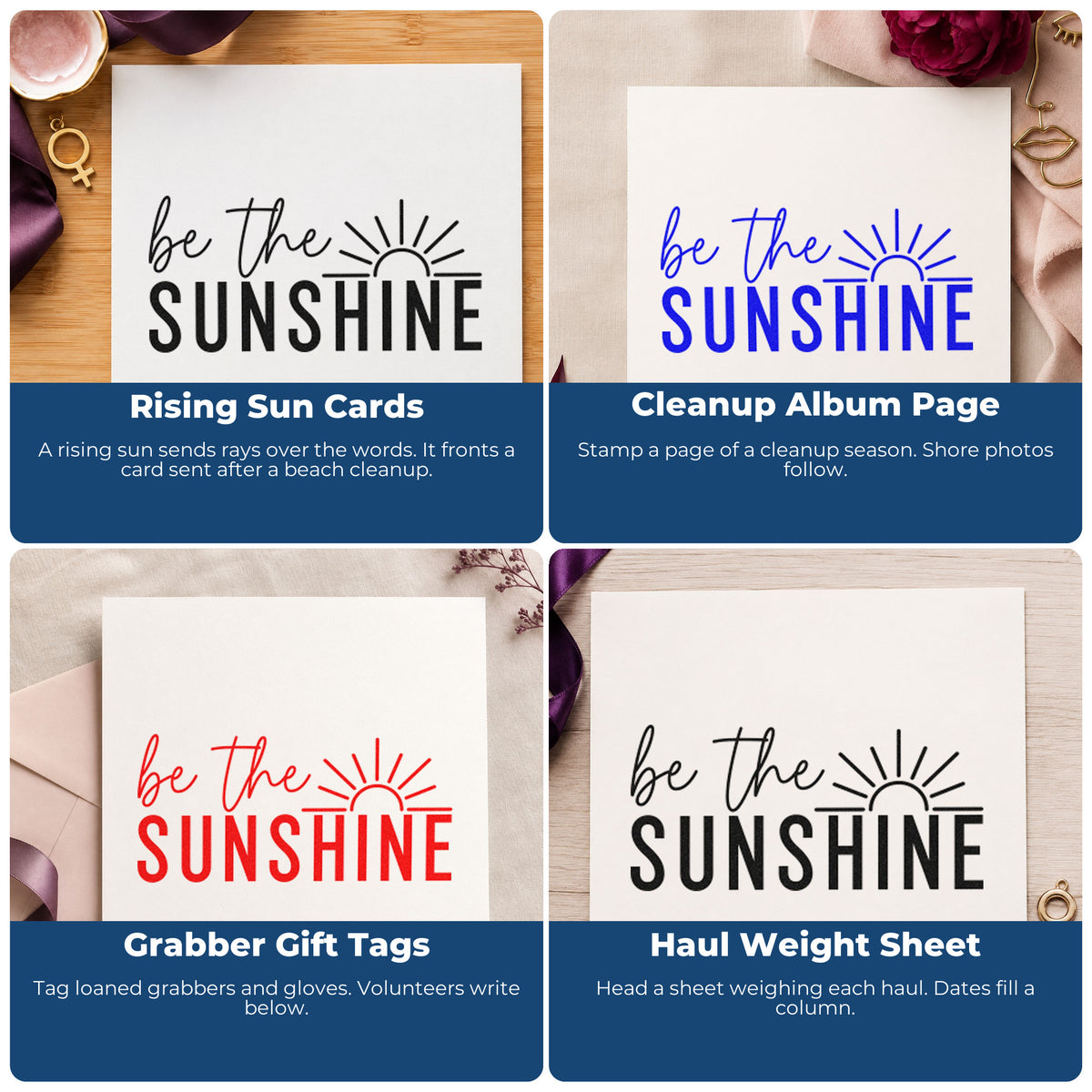 Four ways to use the Be The Sunshine Rising Sun Premium Wood-Mounted Stamp - Vintage Pro: rising sun cards, cleanup album page, grabber gift tags and haul weight sheet.