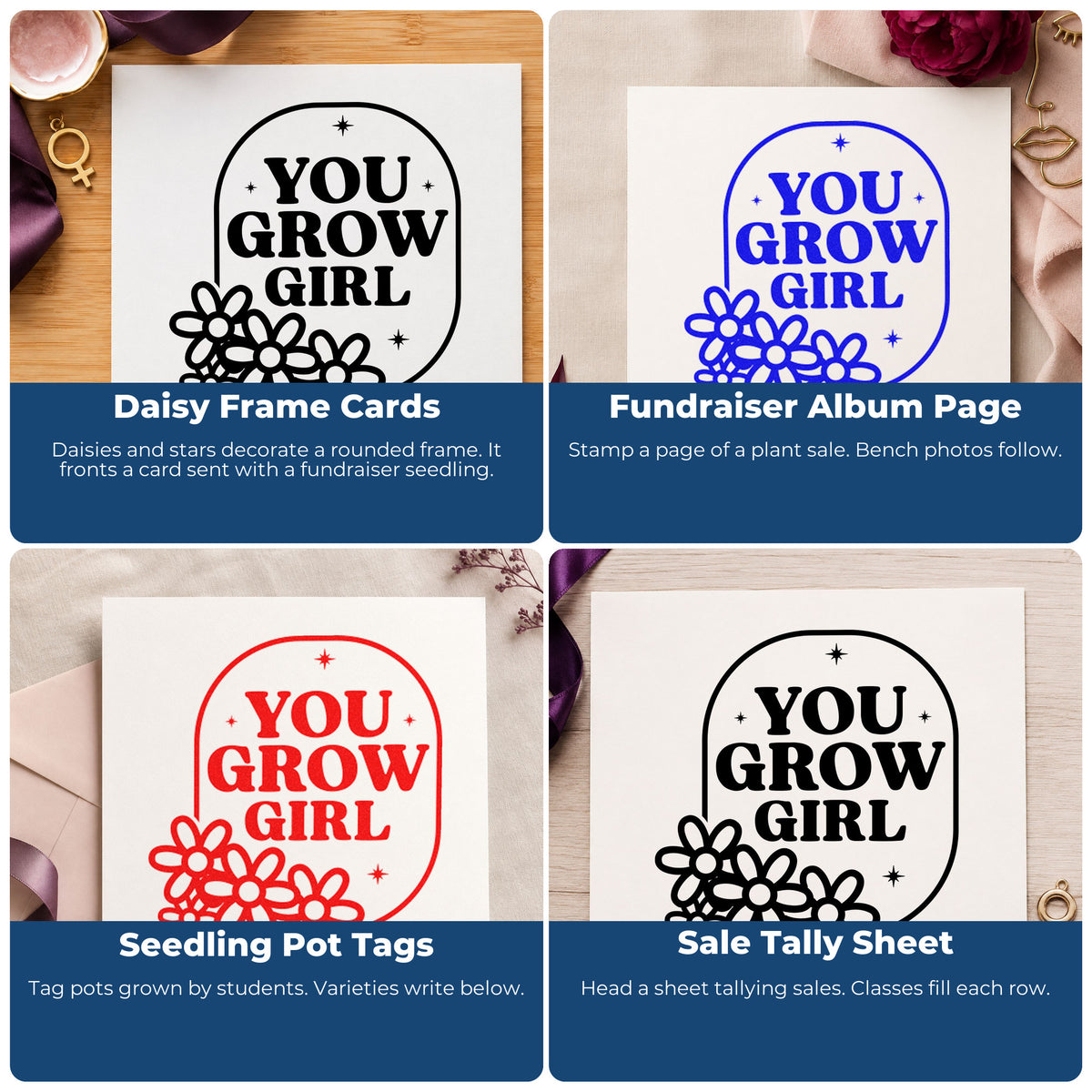 Four ways to use the You Grow Girl Flowers Slim Pre-Inked Stamp: daisy frame cards, fundraiser album page, seedling pot tags and sale tally sheet.