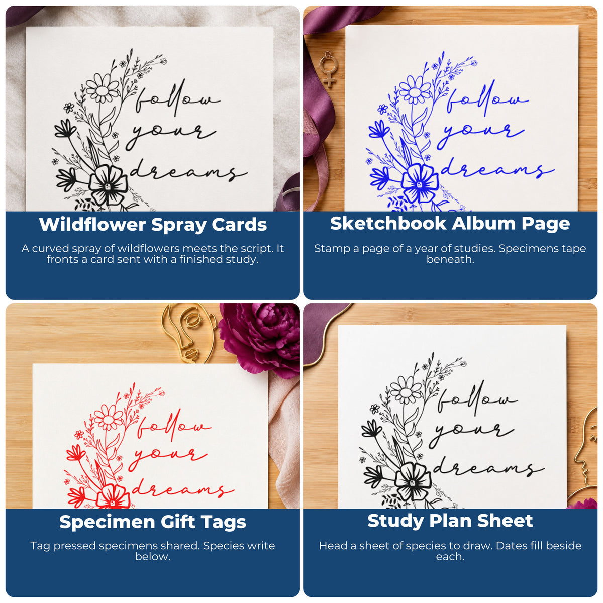 Four ways to use the Follow Your Dreams Flowers Rubber Stamp – Wood Handle: wildflower spray cards, sketchbook album page, specimen gift tags and study plan sheet.