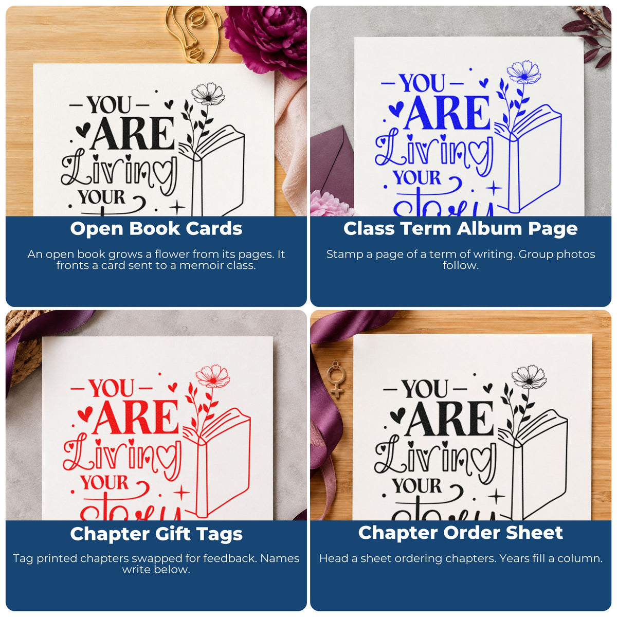 Four ways to use the You Are Living Story Hand Stamp – Duo: open book cards, class term album page, chapter gift tags and chapter order sheet.