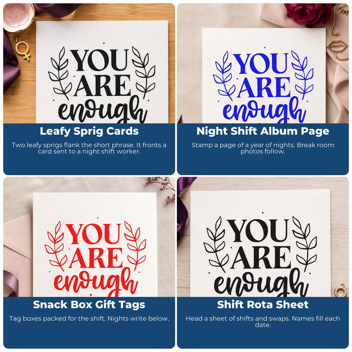 Four ways to use the You Are Enough Leaves Botanical Sprig Self-Inking Stamp: leafy sprig cards, night shift album page, snack box gift tags and shift rota sheet.