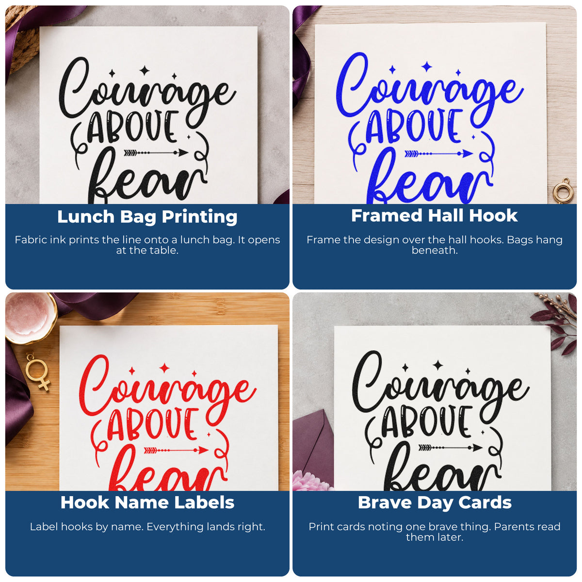 Four ways to use the Courage Fear Script With Sparkles Stamp – Self-Inking: lunch bag printing, framed hall hook, hook name labels and brave day cards.